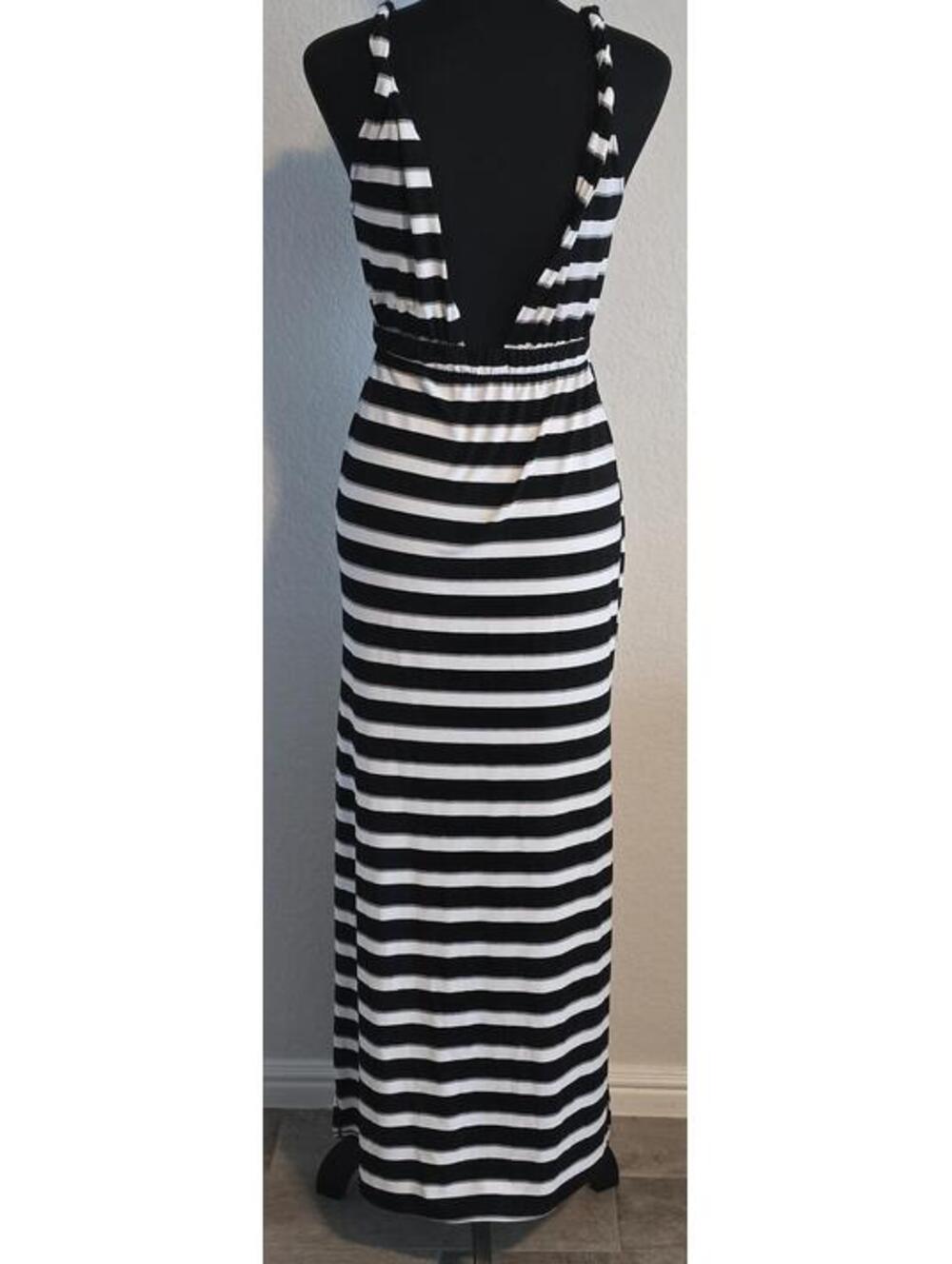 Black and White Striped Halter Maxi Dress